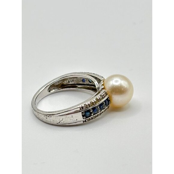 White Cultured Japanese Akoya Pearl & Blue Diamond Sterling Silver Ring - Picture 5 of 14